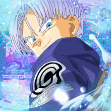a cartoon character wearing a blue capsule corp sweatshirt