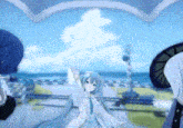 a girl in a white dress is standing in front of a window with a blue sky in the background .