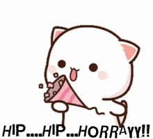 a cartoon cat is holding a party hat and saying `` hip ... hip ... horrayy !! ''