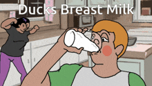 a cartoon of a man drinking ducks breast milk with a woman in the background