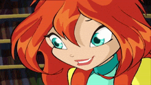 a cartoon character with red hair and blue eyes