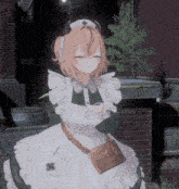 a girl in a maid outfit is standing in front of a brick wall with her eyes closed