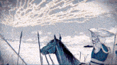 a black and white drawing of a man riding a horse with lightning coming from the sky