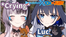 two anime girls are crying next to a tom and jerry character