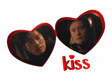 a couple of hearts with the word kiss in red