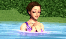 a woman in a purple dress is standing in the water with her hands on her chest