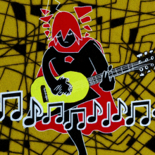 a drawing of a person holding a guitar with music notes behind them