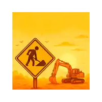 an illustration of a construction site with a yellow sign and an excavator