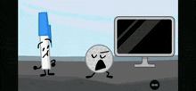 a cartoon of a pen and a golf ball standing next to a computer monitor with a timer of 00:00
