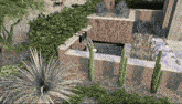 a computer generated image of a landscape with cactus and a waterfall