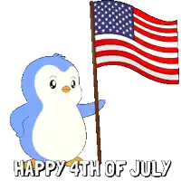 a penguin holding an american flag with the words happy 4th of july written below it