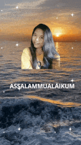 a picture of a girl in the ocean with the words " assalamualaikum " on the bottom