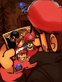 a man in a red hat is holding a picture of a group of cartoon characters