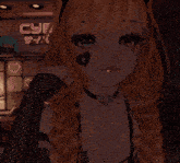 a girl with a heart on her face is standing in front of a neon sign that says cyf
