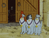 four cartoon dogs are standing in front of a door