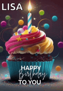 a birthday card with a cupcake with a candle and the name lisa on it
