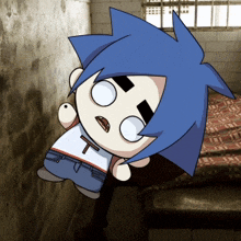 a cartoon character with blue hair and a white shirt with a t on it