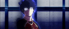a boy with blue eyes is wearing a red and black shirt with the number 7 on it