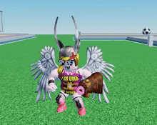 a girl with wings and a shirt that says i am goku on it