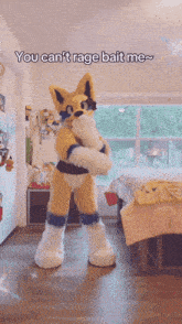 a furry mascot says " you can 't rage bait me " in a room