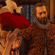 a man with a beard is wearing a red hat with a white feather