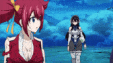 a girl with red hair is standing next to another girl in a white outfit