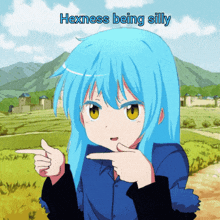 a girl with blue hair is pointing at something with the words " hexness being silly " behind her