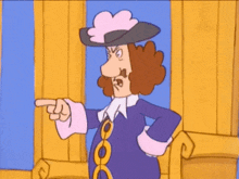 a cartoon character wearing a purple coat and a hat pointing