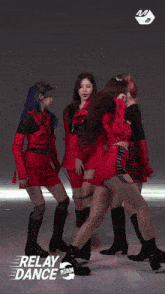 a group of girls are performing a dance with relay dance written on the bottom