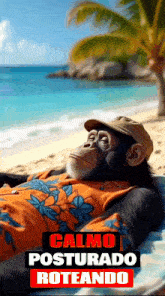 a chimpanzee laying on a beach with the words calmo posturado roteando