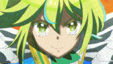 a close up of a girl with green hair