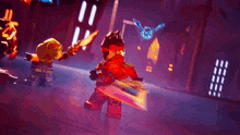 two lego ninjago characters are fighting each other in a purple room .