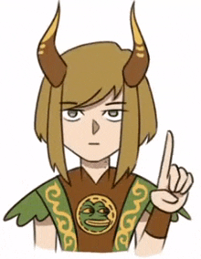 a cartoon of a man with horns pointing up .