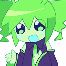 a cartoon character with green hair and a purple shirt