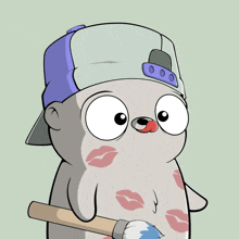 a cartoon character wearing a hat and holding a brush with kisses on his chest