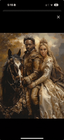 a painting of a man and a woman on a horse with the time of 5:19