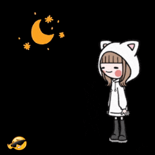 a girl wearing a cat hoodie says hai selamat malam on a black background