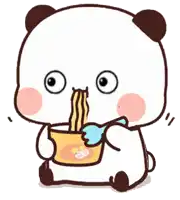 a cartoon panda is eating noodles from a bowl with a spoon .