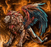 a painting of a lion with wings and a red mane
