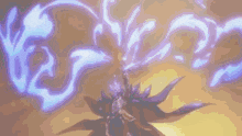 a person is holding a sword with purple flames coming out of it and a purple background .