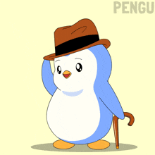 a penguin holding a hat and a cane with the word pengu in the corner