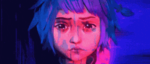 a close up of a cartoon character 's face with a tear running down her face .