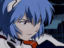 a close up of a anime character with blue hair and a red tie