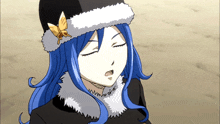 a girl with blue hair is wearing a black and white hat with a butterfly on it