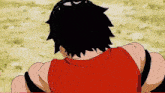 a cartoon character with black hair and a red shirt is standing in a field