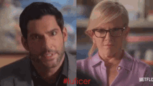 a man and a woman are looking at each other with the word lucifer in the upper right corner
