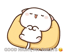 a cartoon cat is laying on a pillow and saying good night my sweets .