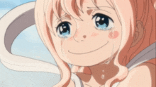 a girl with pink hair is smiling and crying