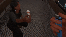 a woman is holding a bottle of oxycodone