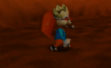 a cartoon character with a backpack is standing in front of a large rock .